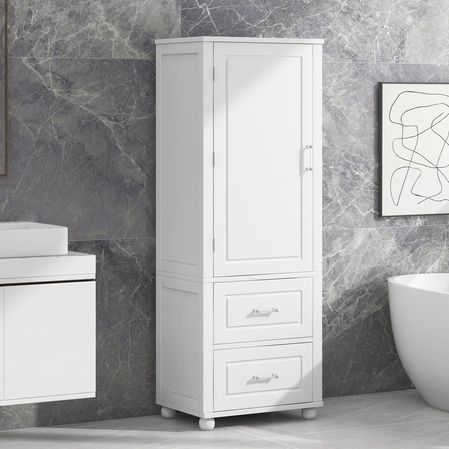 Tall bathroom storage cabinet with two drawers and adjustable shelves for independent storage - Korvel