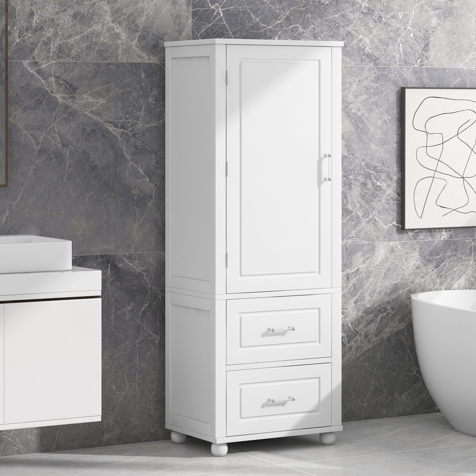 Tall bathroom storage cabinet with two drawers and adjustable shelves for independent storage - Korvel