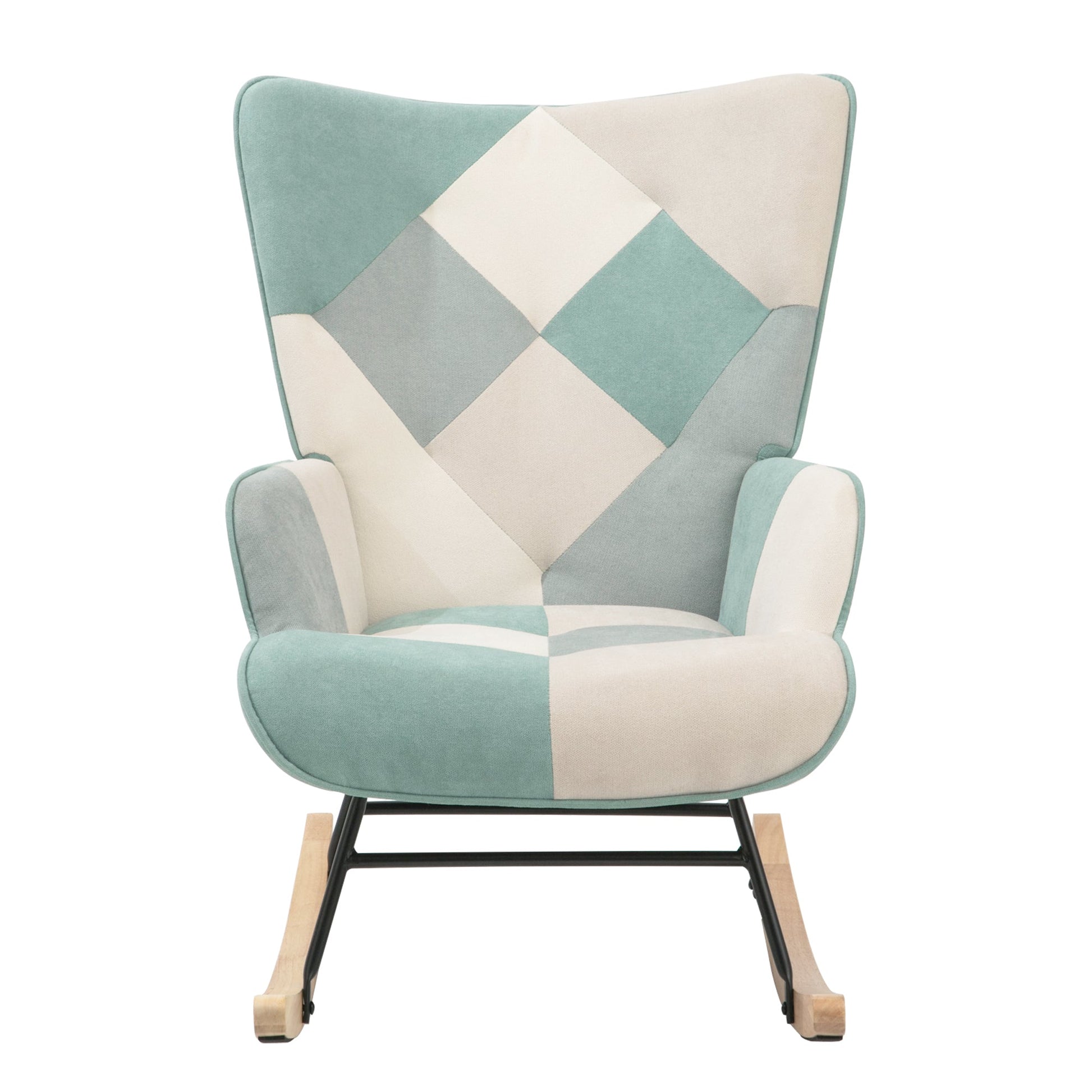 Rocking Chair with ottoman, Mid Century Fabric Rocker Chair with Wood Legs and Patchwork Linen for Livingroom Bedroom - Korvel
