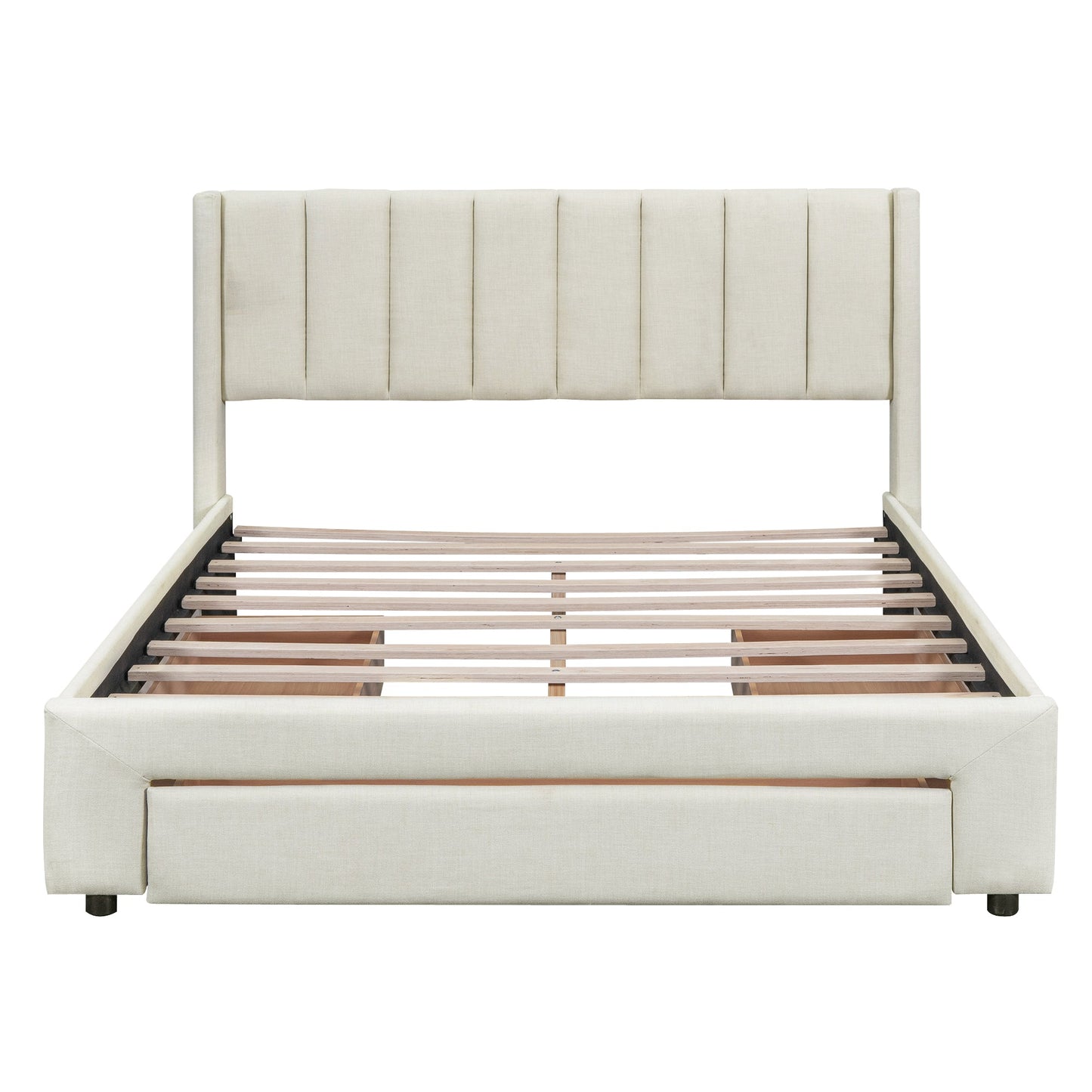 Full Size Upholstered Platform Bed with One Large Drawer in the Footboard and Drawer on Each Side Beige - Korvel