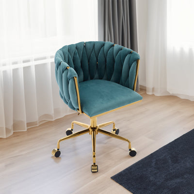 Accent Chair Makeup Chair with Hand Woven Backrest, Modern 360° Swivel Home Office Desk Chair for Study (GREEN) - Korvel