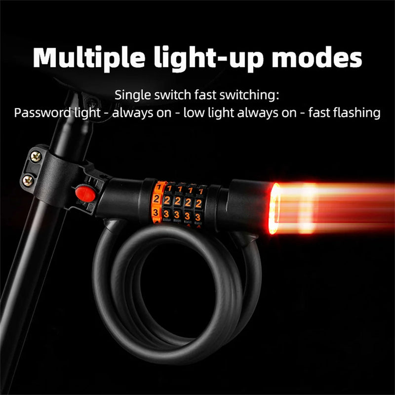 1.2M/1.8M Bike Lock Anti-theft 5 Digit Combination Password Security Lock With LED Light MTB Road Bike Steel Cable Bicycle Lock - Korvel