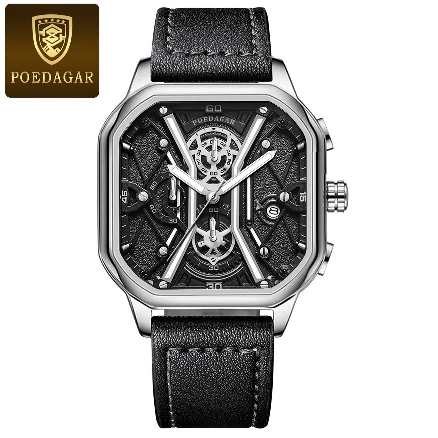 POEDAGAR Fashion Men Luxury Wristwatches Chronograph Luminous Waterproof Date Man Watch Square Dial Leather Quartz Men's Watches - Korvel