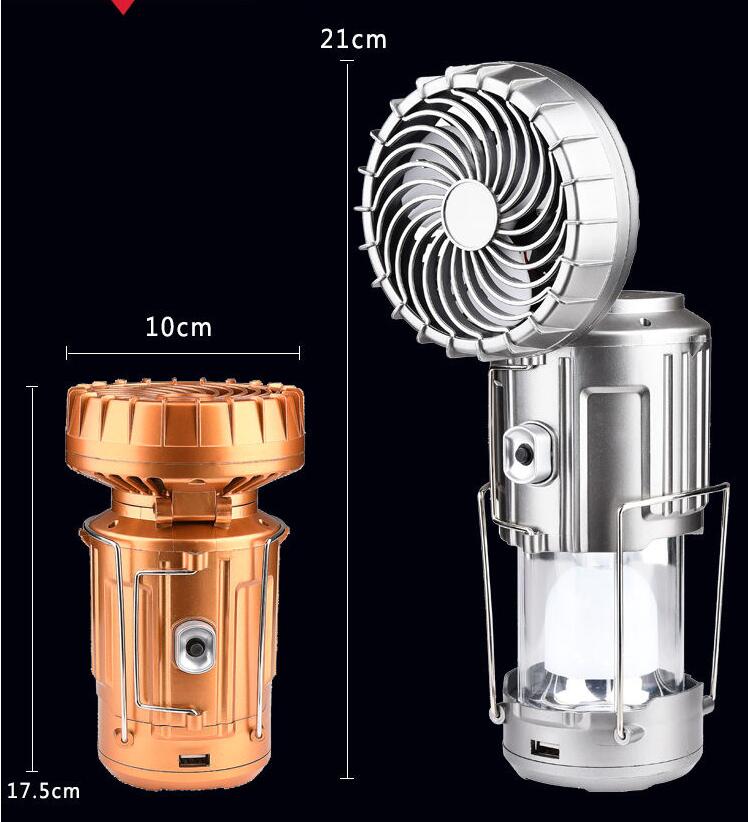 Portable Outdoor LED Camping Lantern With Fan Solar Charge Rechargeable Light Hanging Tent Lamp Fish Flashlight - Korvel