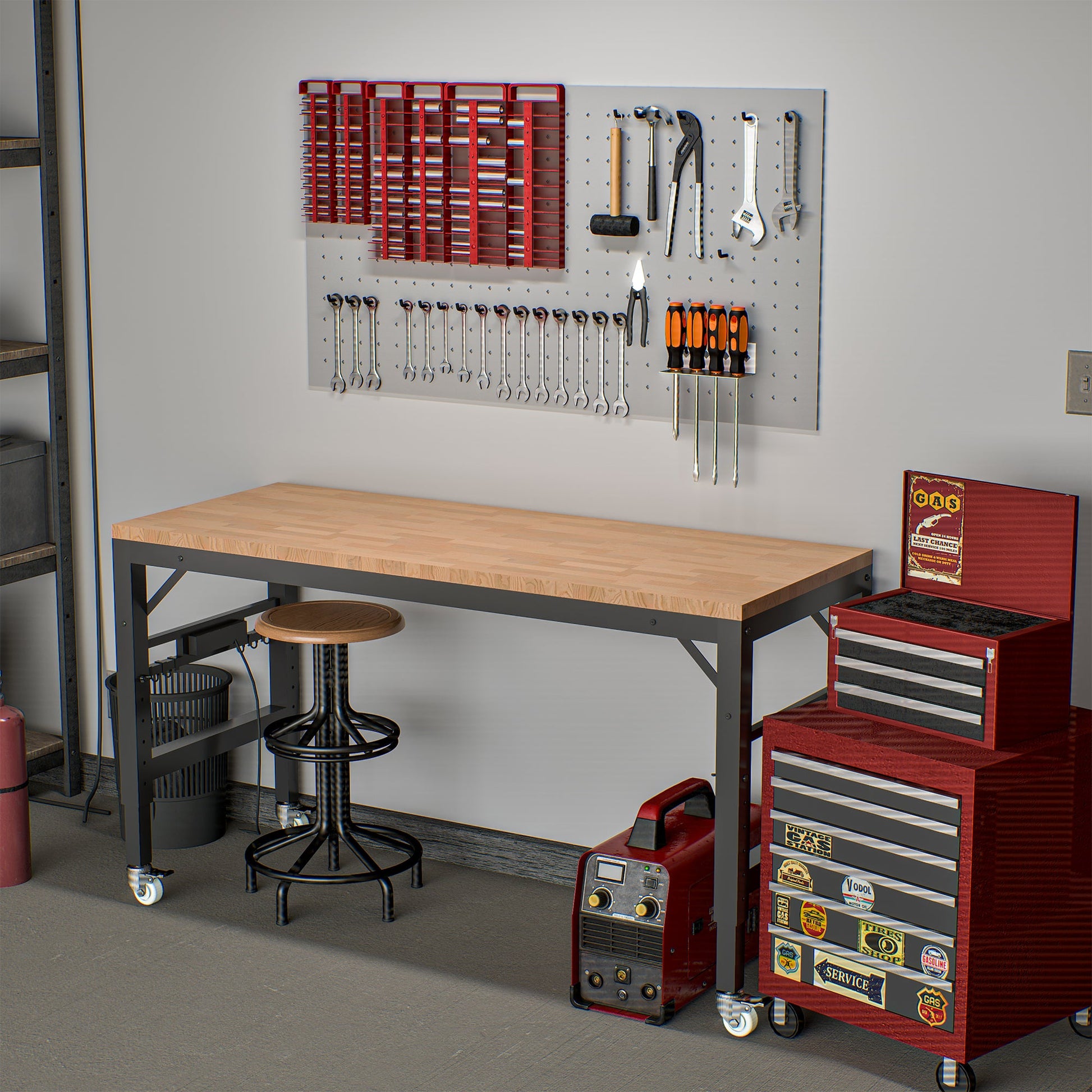 60 inch adjustable garage workbench, rubber wood heavy-duty workstation with power socket and wheels, 2000 pound load capacity - Korvel