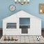Wood Full Size House Bed with Roof, Window and Guardrail White - Korvel