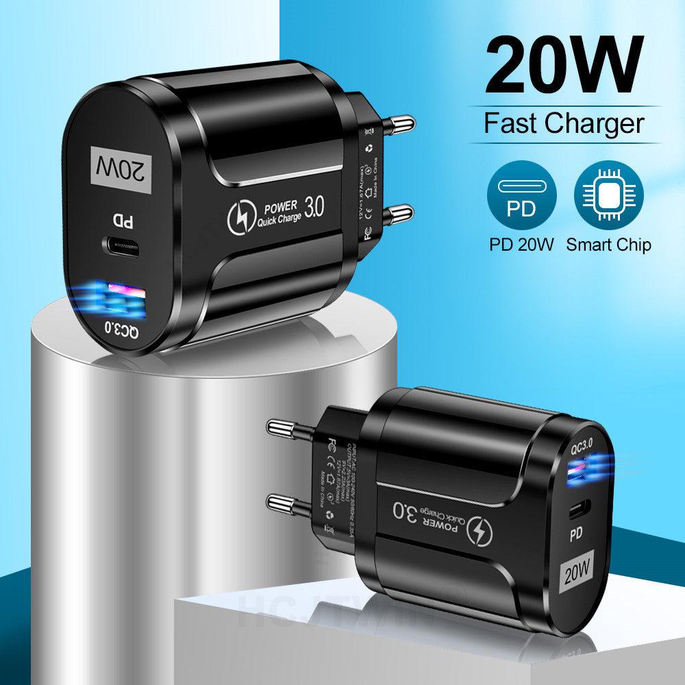 PD20W Mobile Fast Charging Charger 5V4A US, European, and British Standard Speed Matching Device PD+QC3.0 Travel Charging Head - Korvel