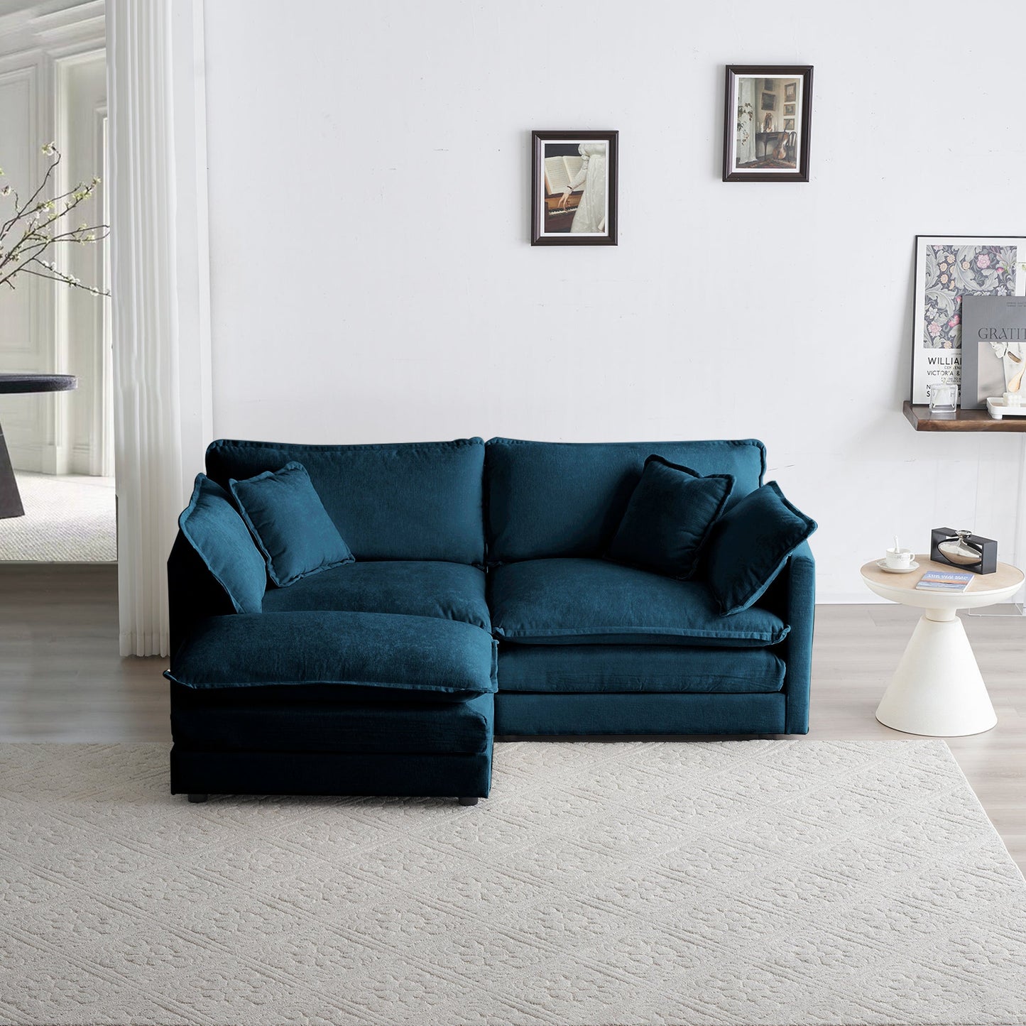Chenille double sofa with 1 foot pedal, 2 seats L-shaped section, Ottoman style blue Chenille - Korvel
