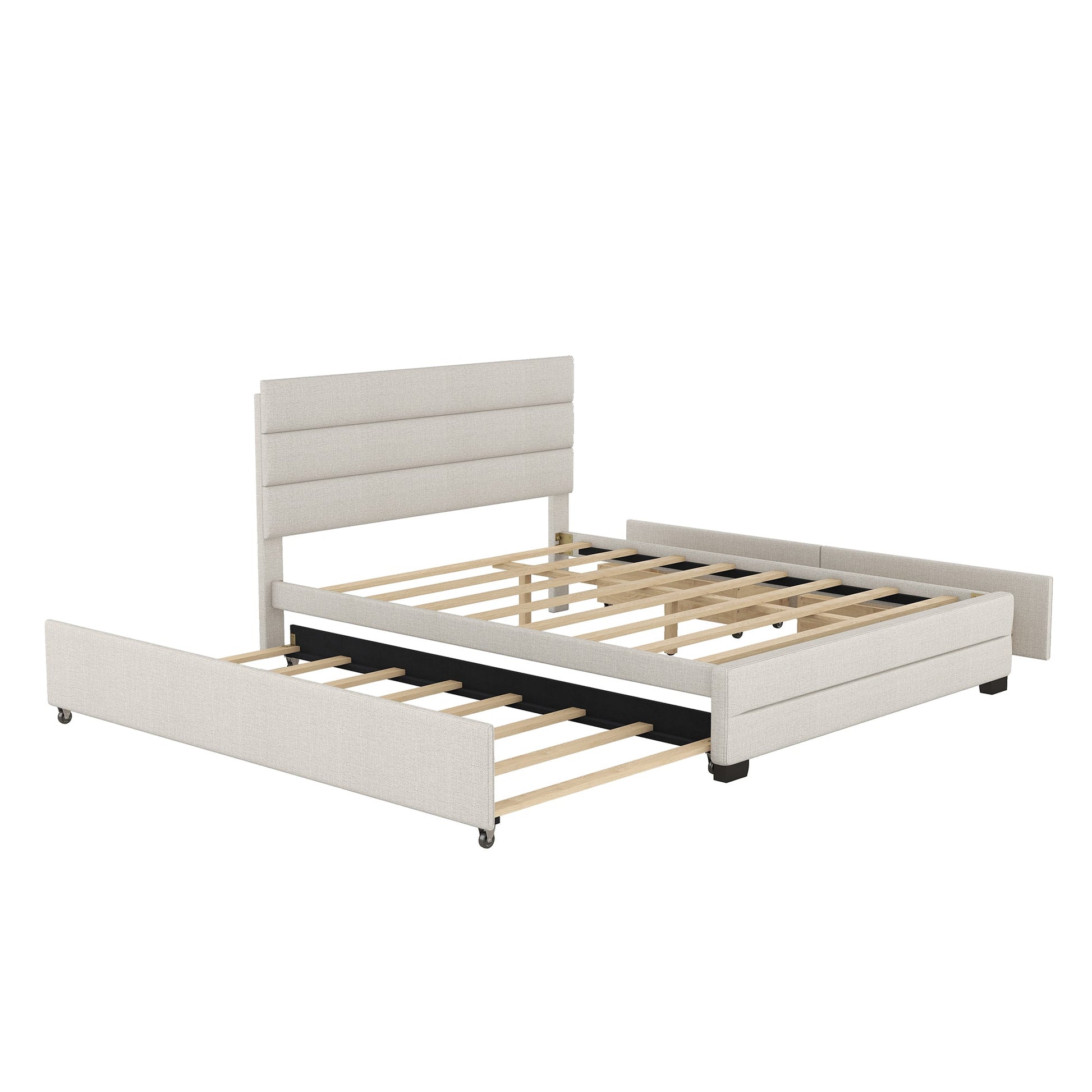 Queen Upholstered Platform Bed with Twin Size Trundle and Two Drawers  Beige - Korvel