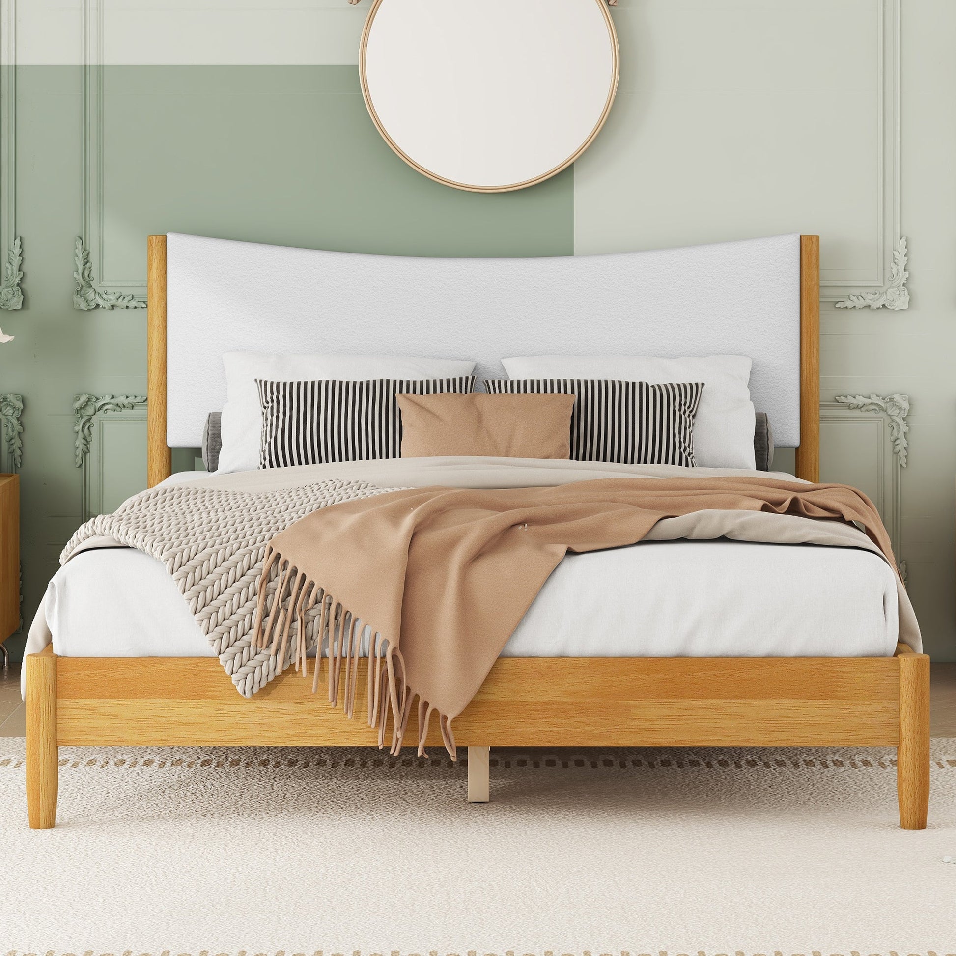 Queen Size Rubber Wooden , Solid Wooden Bed with Teddy Velvet Cushion Upholstered Headboard, Enhanced by Support Feet - Korvel