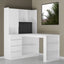 L-shaped office desk with charger, bookshelf with drawers and LED lights, and corner gaming computer desk with storage space - Korvel