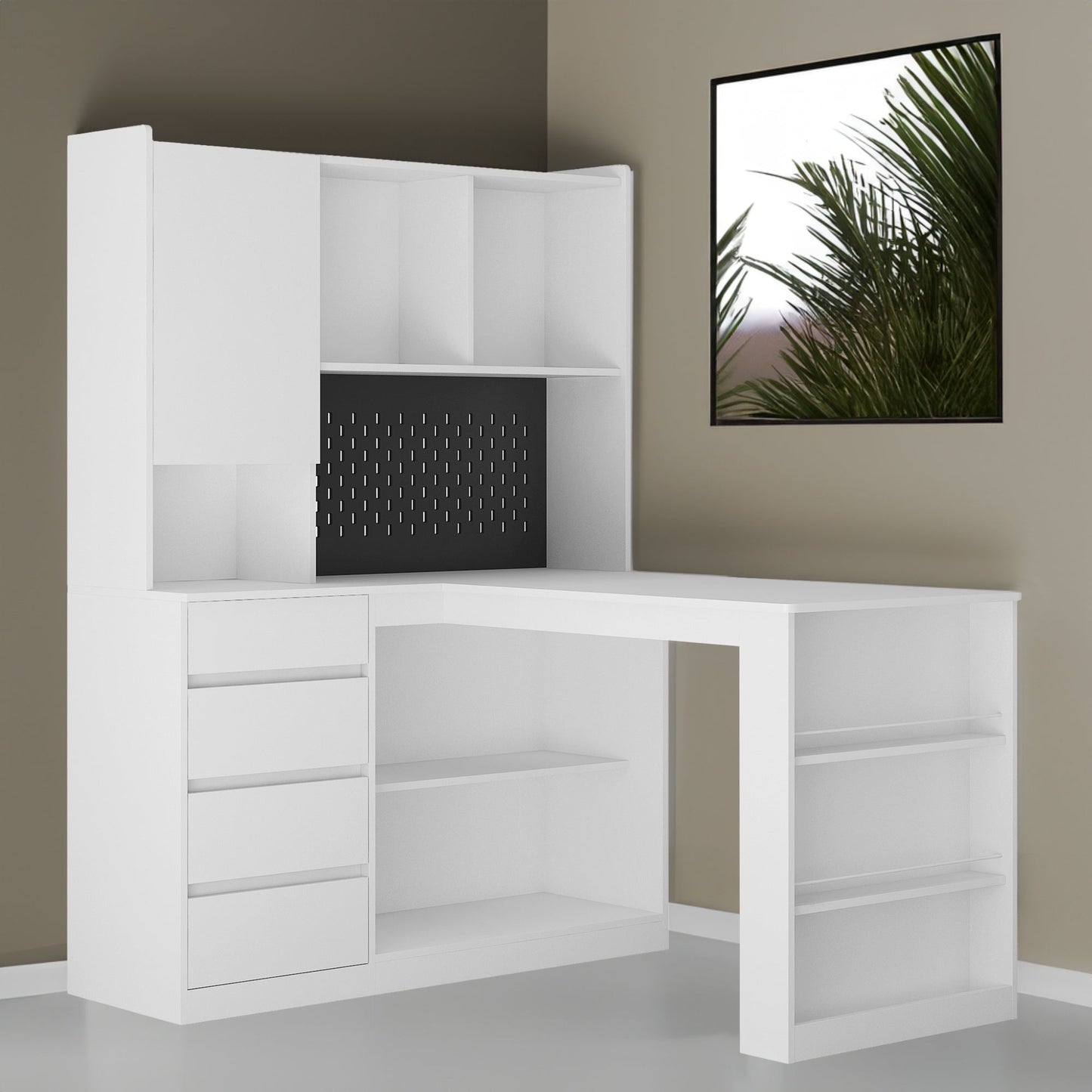 L-shaped office desk with charger, bookshelf with drawers and LED lights, and corner gaming computer desk with storage space - Korvel