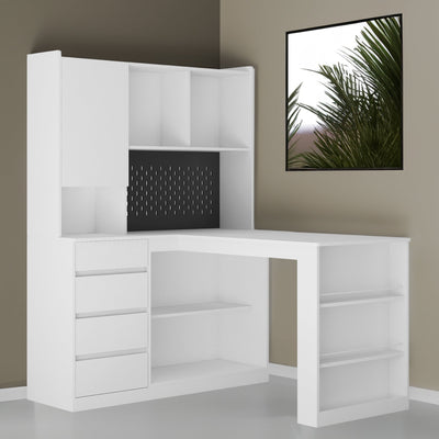 L-shaped office desk with charger, bookshelf with drawers and LED lights, and corner gaming computer desk with storage space - Korvel