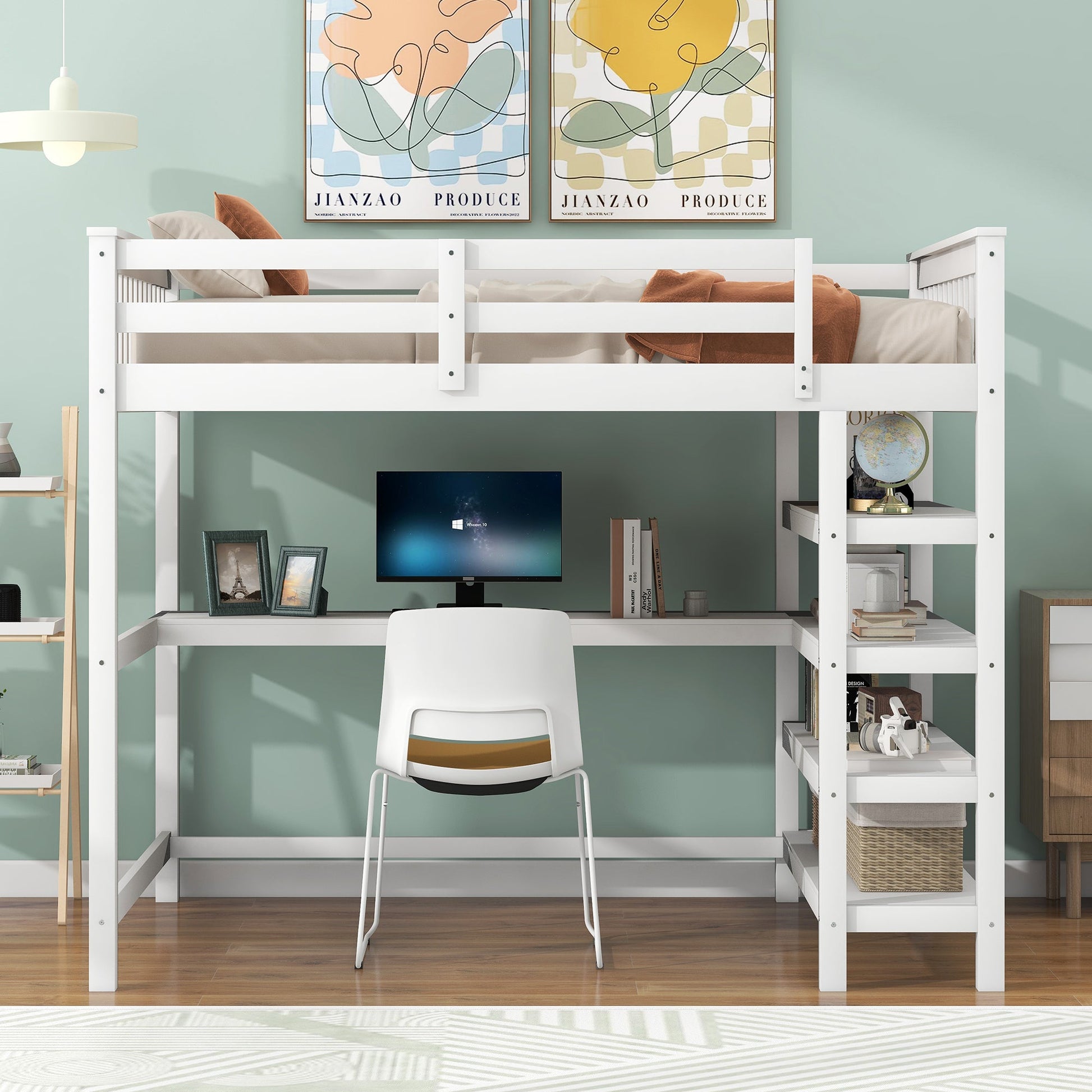 Full Size Loft Bed with Storage Shelves and Under-bed Desk  White - Korvel