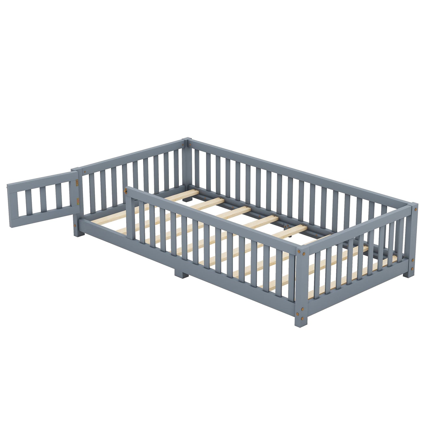 Twin Size Bed Floor Bed with Safety Guardrails and Door for Kids, Gray - Korvel
