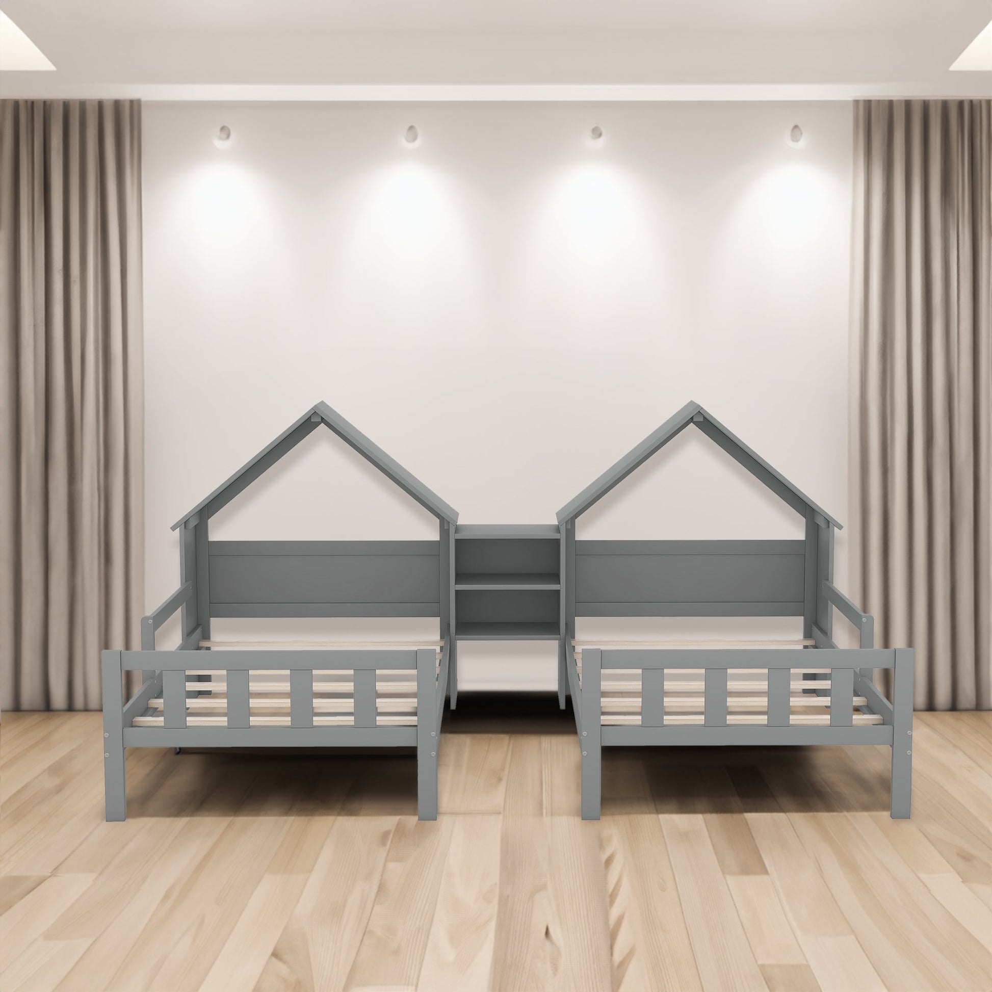Double Twin Size Platform Bed with House-shaped Headboard and a Built-in Nightstand  Grey - Korvel