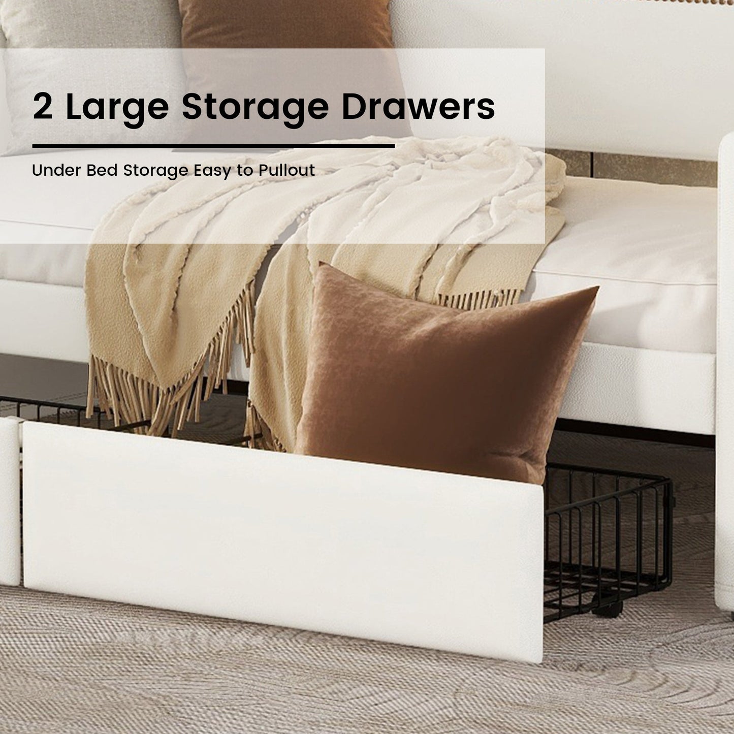 Twin Size Daybed with Drawers, Upholstered Daybed with Charging Station and LED Lights, White - Korvel