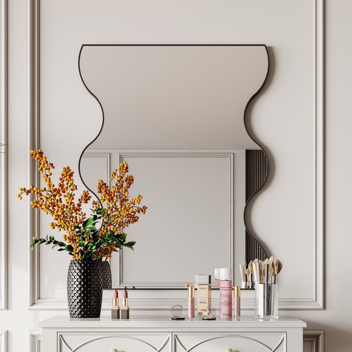 Wall Mirror 30x35 Inch Black Rectangular Mirror with 2 Wavy Sides Metal Framed Mirror Vanity Mirror Dressing Mirror - Korvel