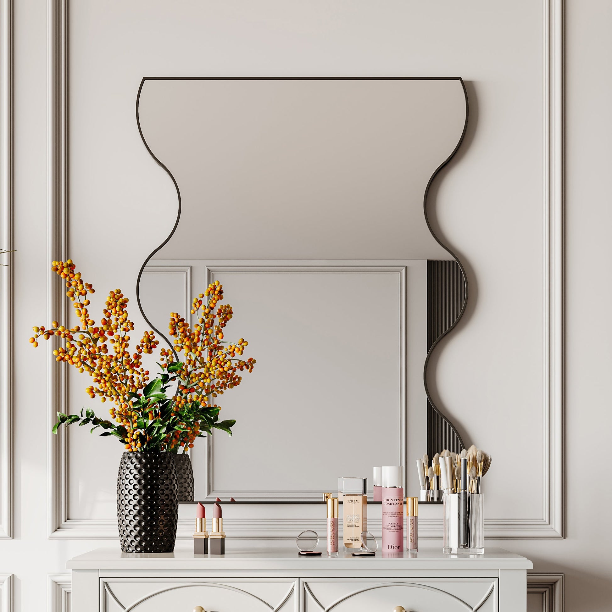 Wall Mirror 30x35 Inch Black Rectangular Mirror with 2 Wavy Sides Metal Framed Mirror Vanity Mirror Dressing Mirror - Korvel