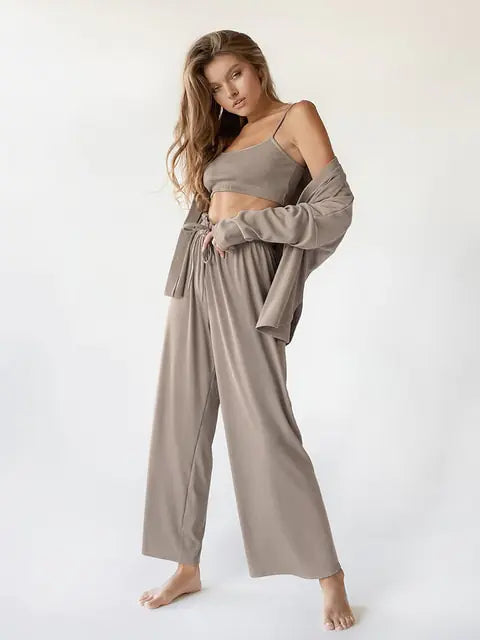Ribbed Drop Sleeves Women's Sleepwear Set