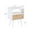 Table d'appoint en rotin blanc de 15,75" avec tiroir et pieds en bois massif