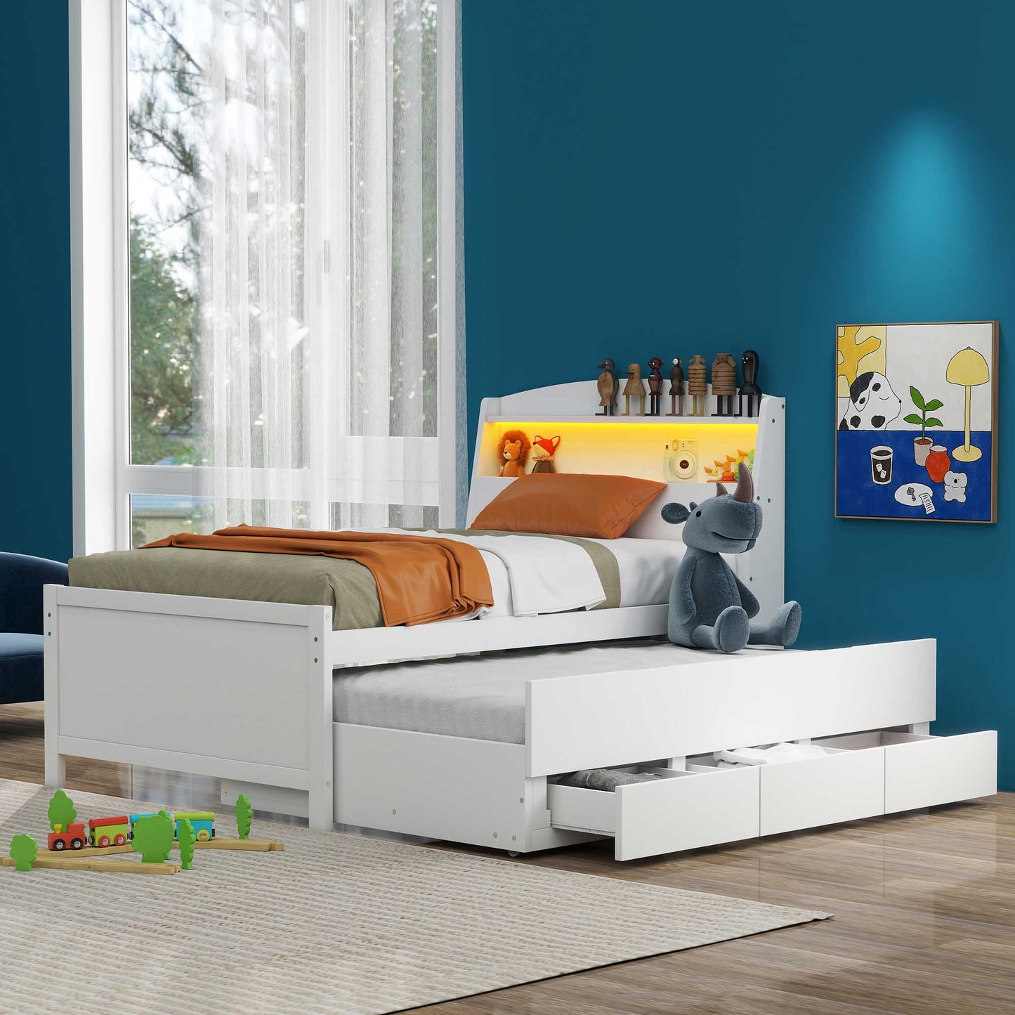 Cama Plataforma Elegante de Tamaño Twin con Almacenamiento y Cabecera LED