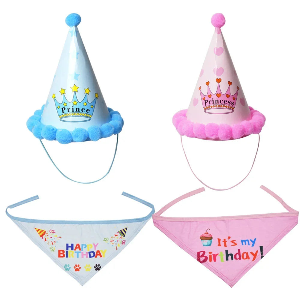 2Pcs/Set Dog Hat Bib Dog Birthday Bandana Scarf Adjustable Bandana Neckerchief Cat Dog Birthday Bib Hat Pet Supplies - Korvel