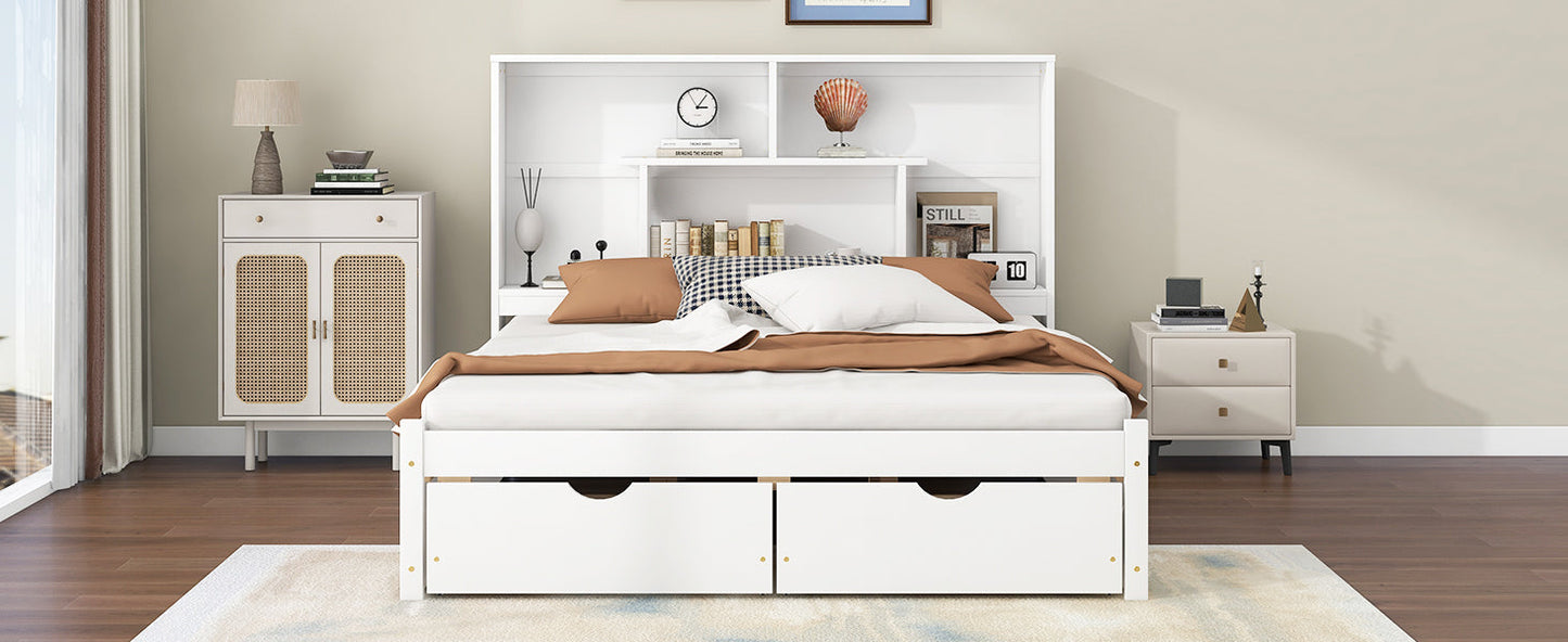 Elegant Queen Size Platform Bed with Storage Headboard, White