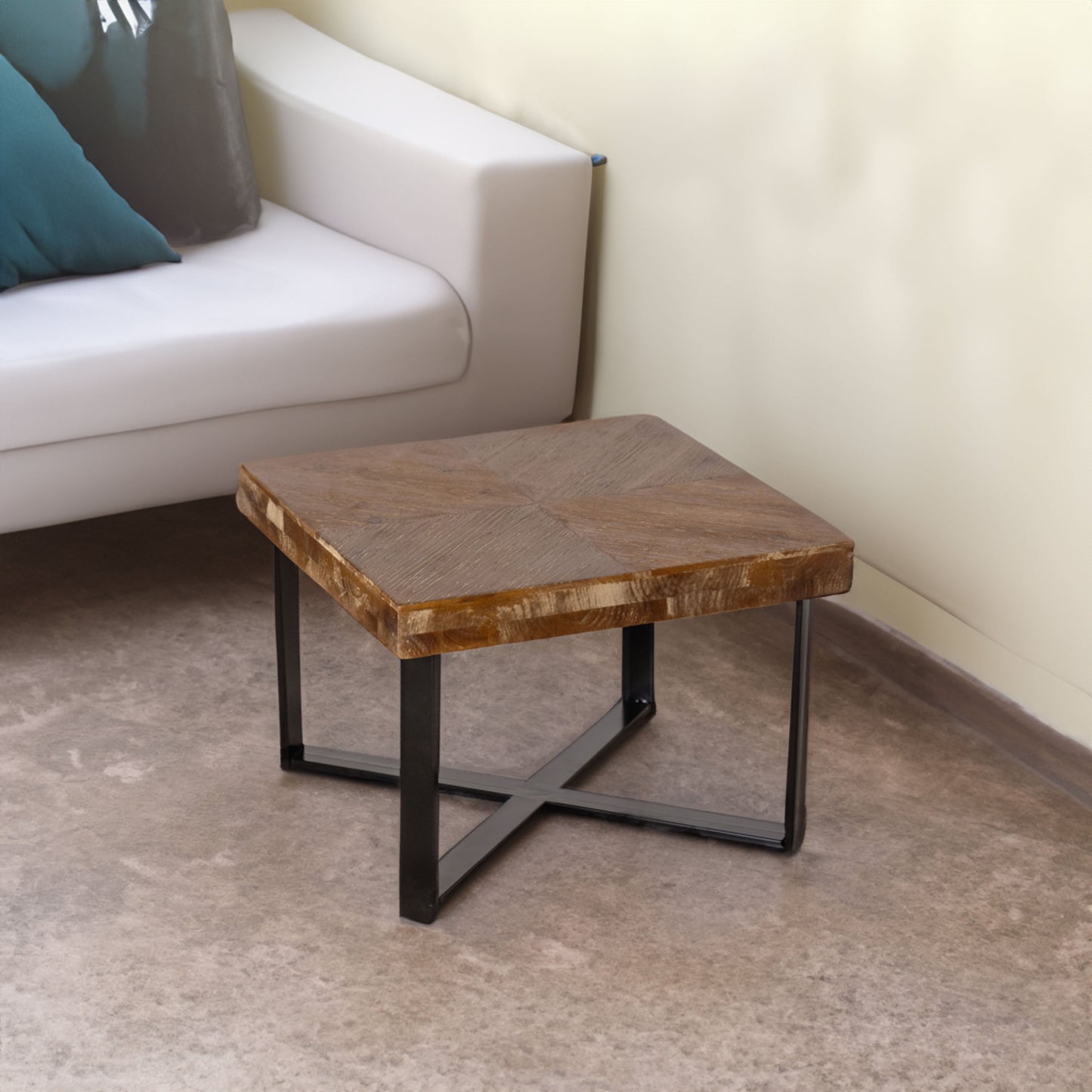 31.3"Modern Retro Splicing Square Coffee Table  Fir Wood Table Top with Cross Legs Metal Base (Set of 2 pcs ) - Korvel