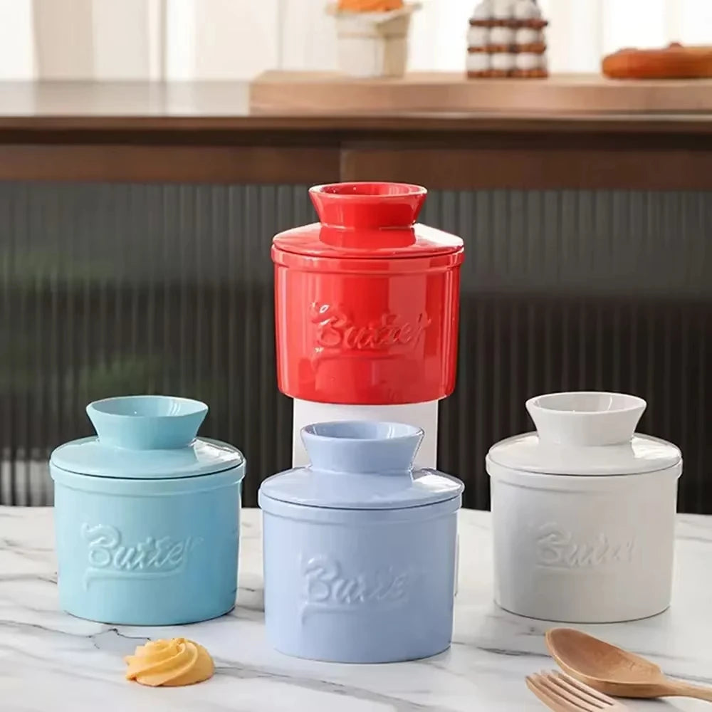 Ceramic yellow oil tank relief red butter storage tank cheese butter dish with lid set - Korvel