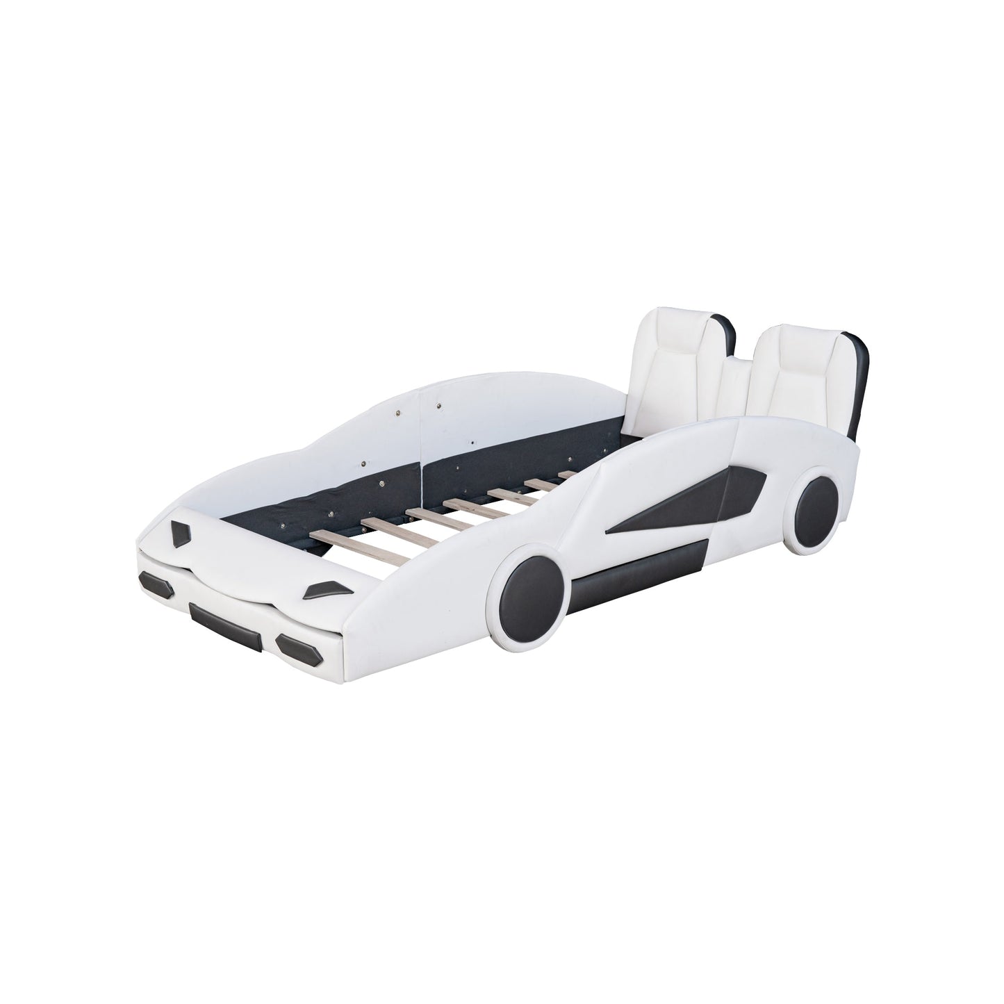 Twin Size Race Car Platform Bed with Wheels - White