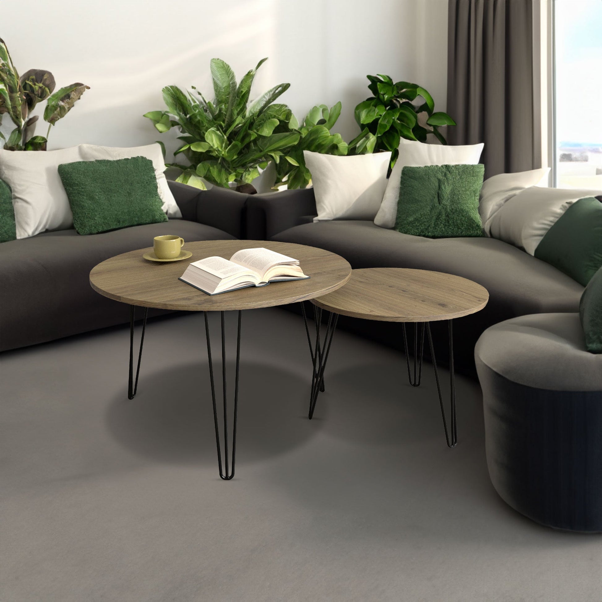 27.56'' Round Nesting Coffee Table Set of 2, Circular Nesting End Table Set  Sturdy Metal Base for Living Room, bedroom, Brown - Korvel