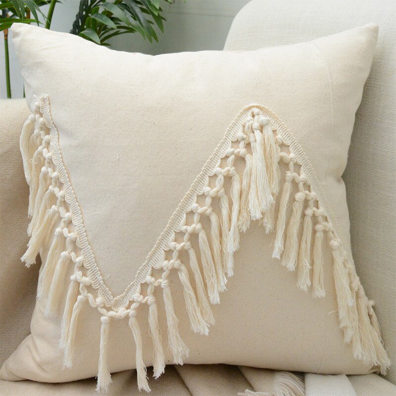 Tassels Cushion Cover 45x45cm Beige White Pillow Covers Decorative Pillow Case Square Home Boho Decor Macrame Pillowcase - Korvel