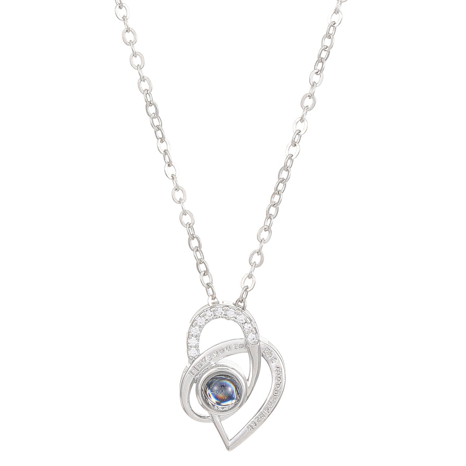 Diamond studded heart-shaped projection necklace in 100 languages. I love you, heart-shaped pendant, couple necklace - Korvel