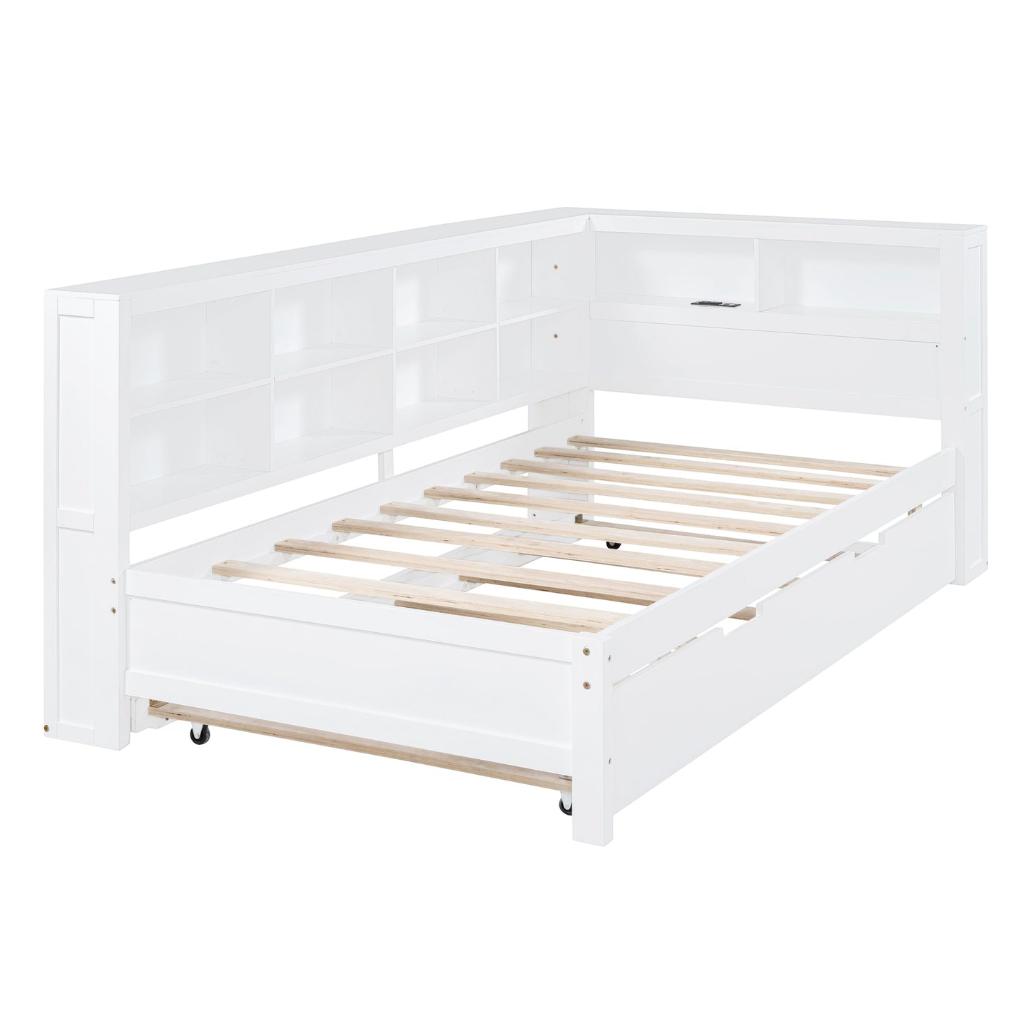 Wooden Twin Size DayBed with Twin Trundle, DayBed with Storage Shelf and USB Charging Ports,White - Korvel