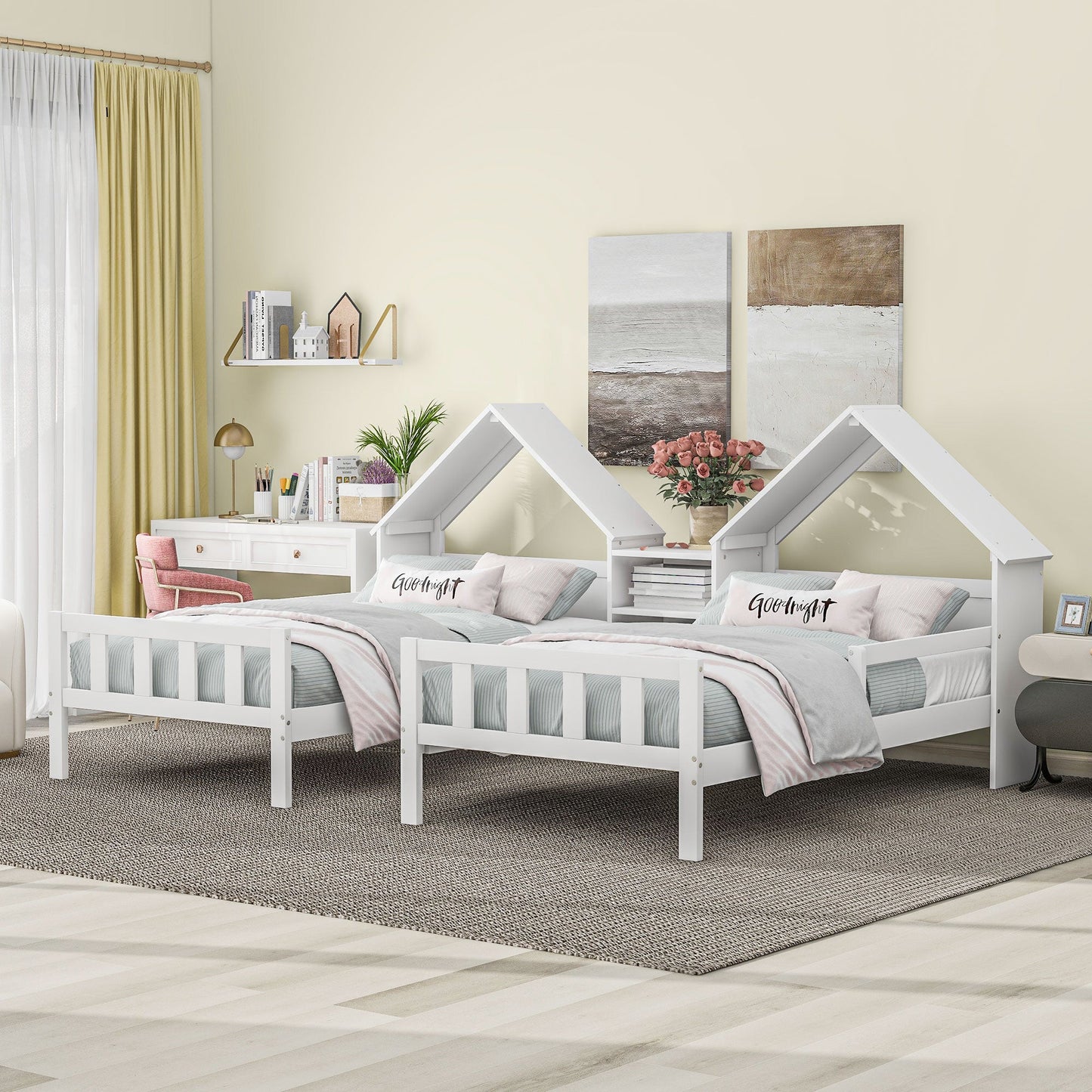 Double Twin Size Platform Bed with House Headboard and Nightstand, White