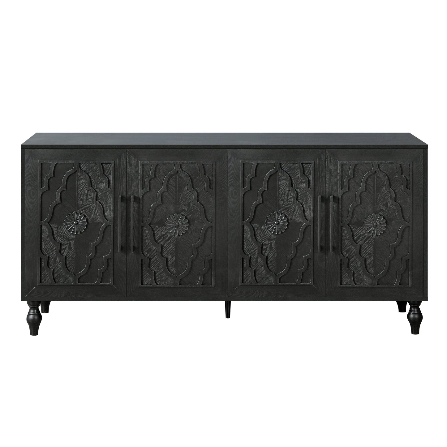 Carved Flower Door Large Storage Cabinet With Metal Handle Suitable For Living Room, Kitchen, Entryway(BLACK) - Korvel