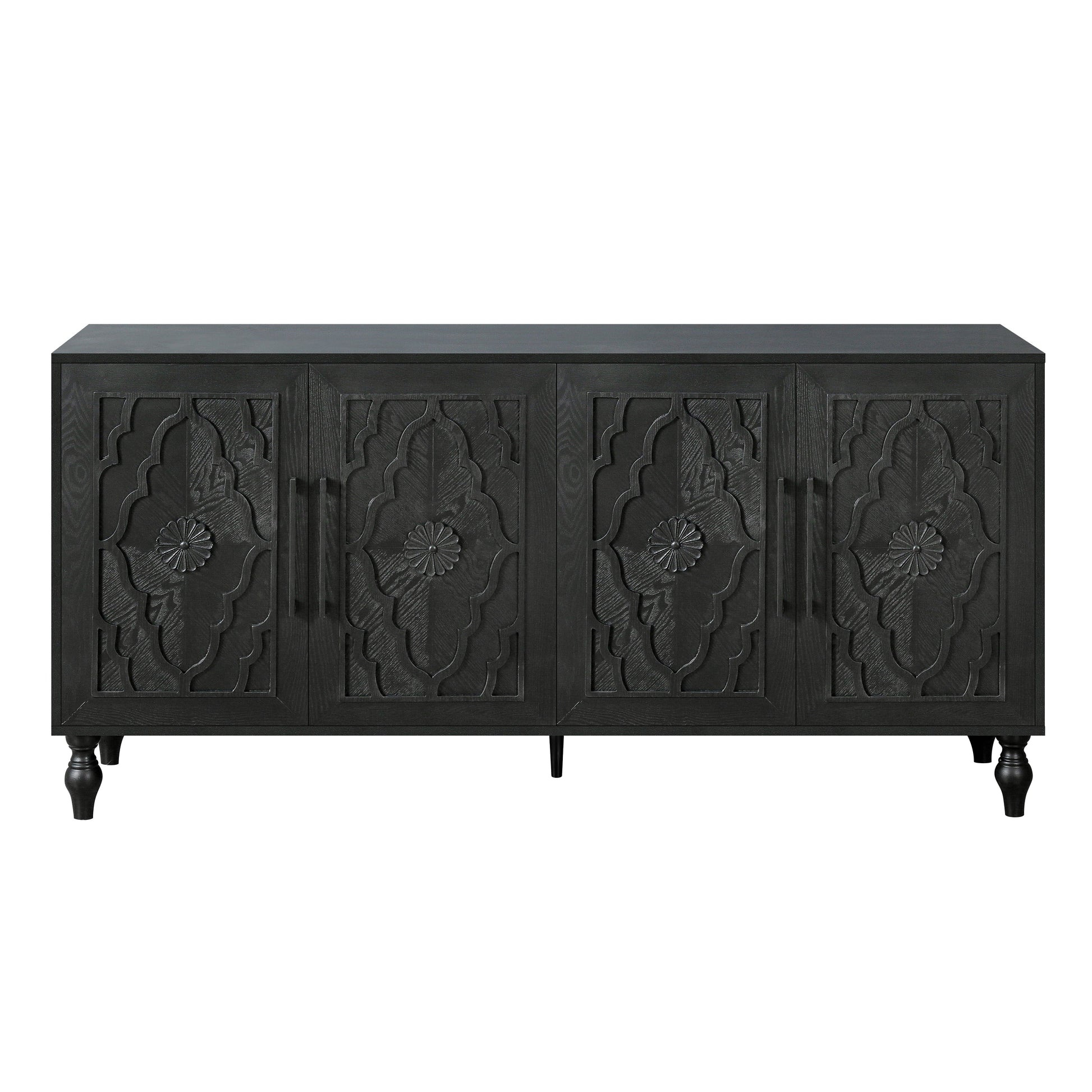Carved Flower Door Large Storage Cabinet With Metal Handle Suitable For Living Room, Kitchen, Entryway(BLACK) - Korvel