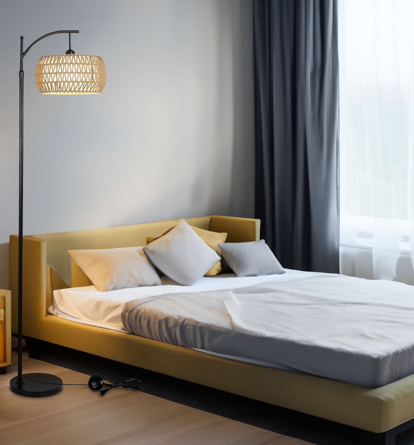 Arc Floor Lamp with Remote Control, Dimmable LED Floor Lamp with 3 Color Temperature Boho Farmhouse Tall Pole Lamp - Korvel
