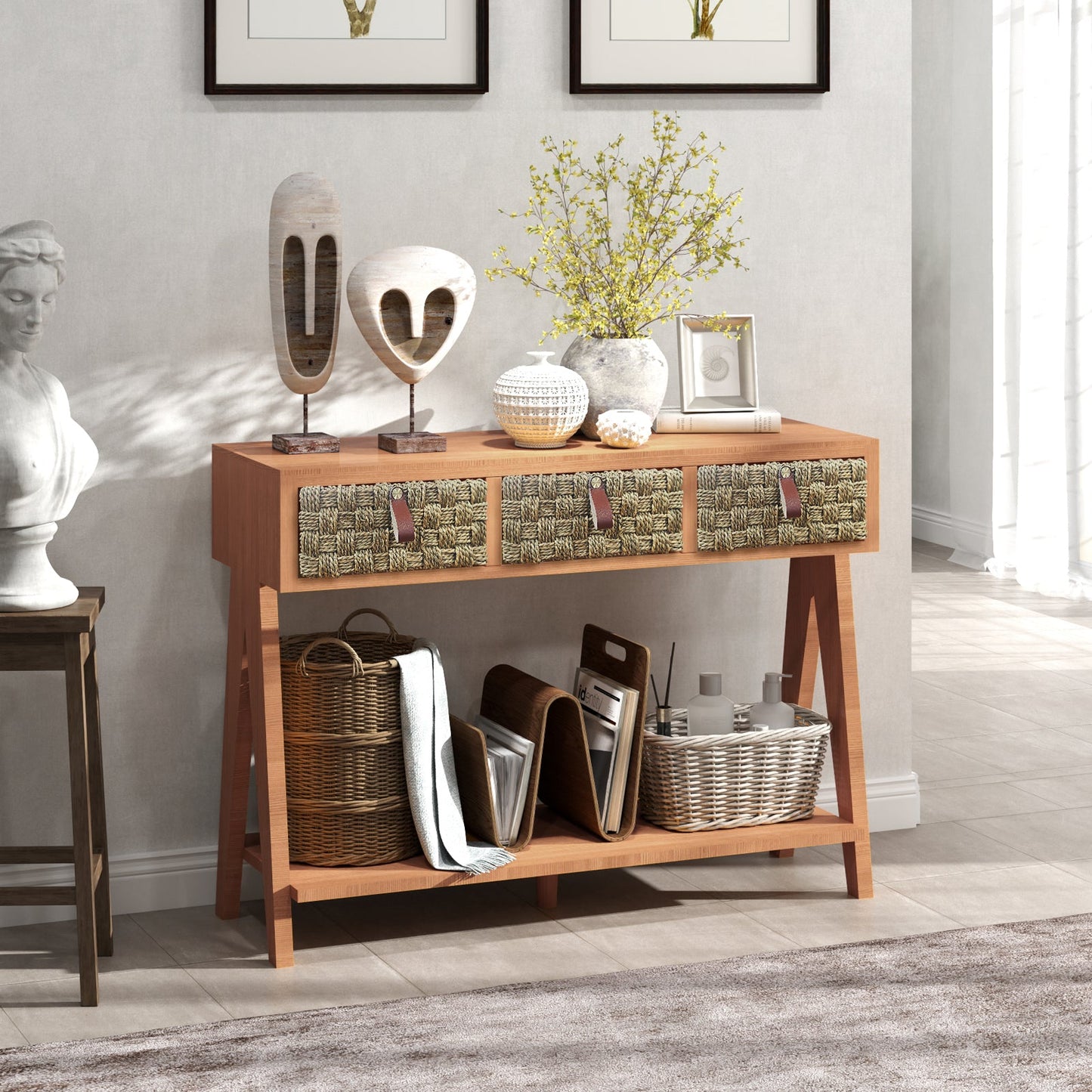 Medieval modern console table with entrance storage space, multifunctional entrance table with 3 drawers, open storage rack - Korvel
