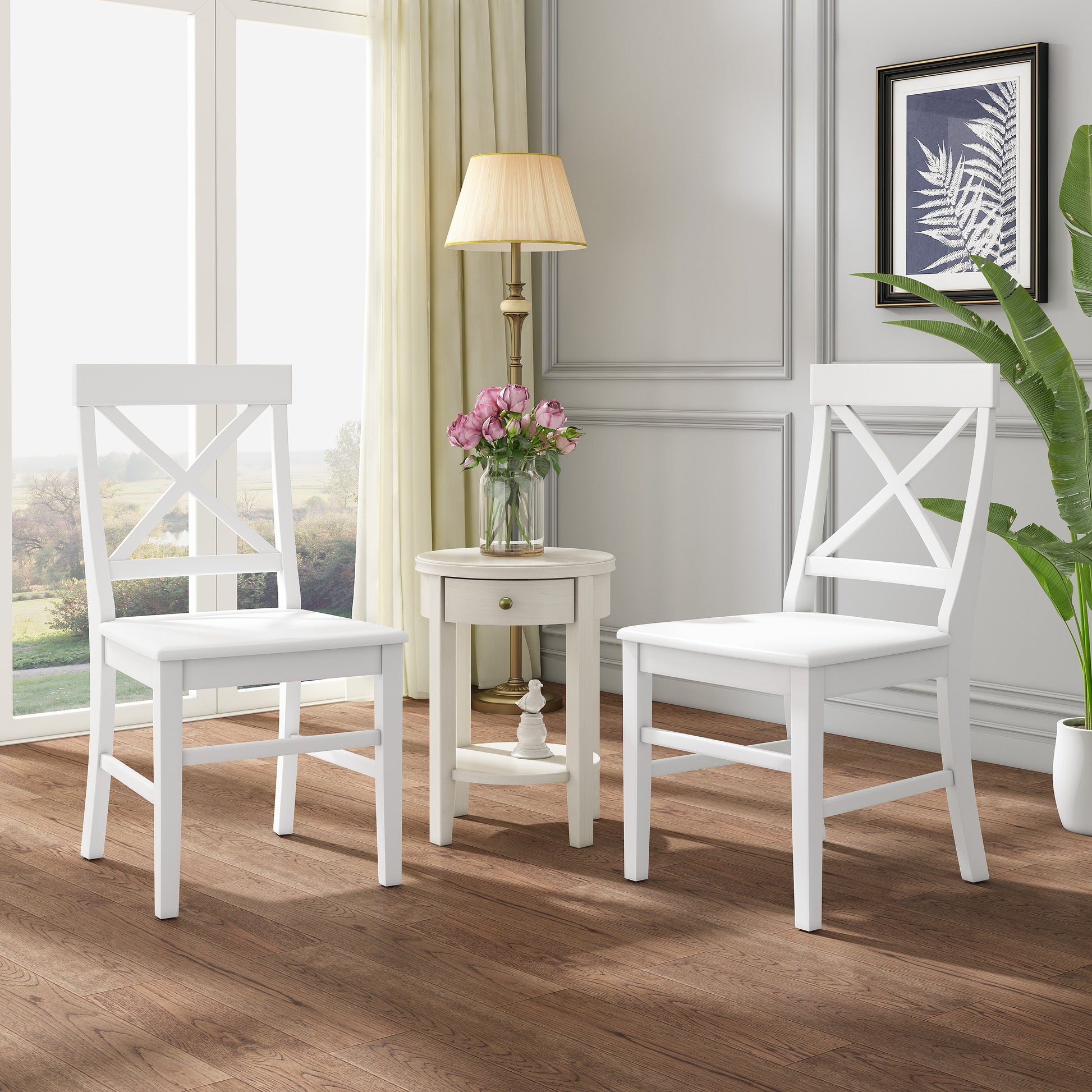 Roshan Farmhouse Acacia Wood Dining Chairs, White (Set of 2) - Korvel