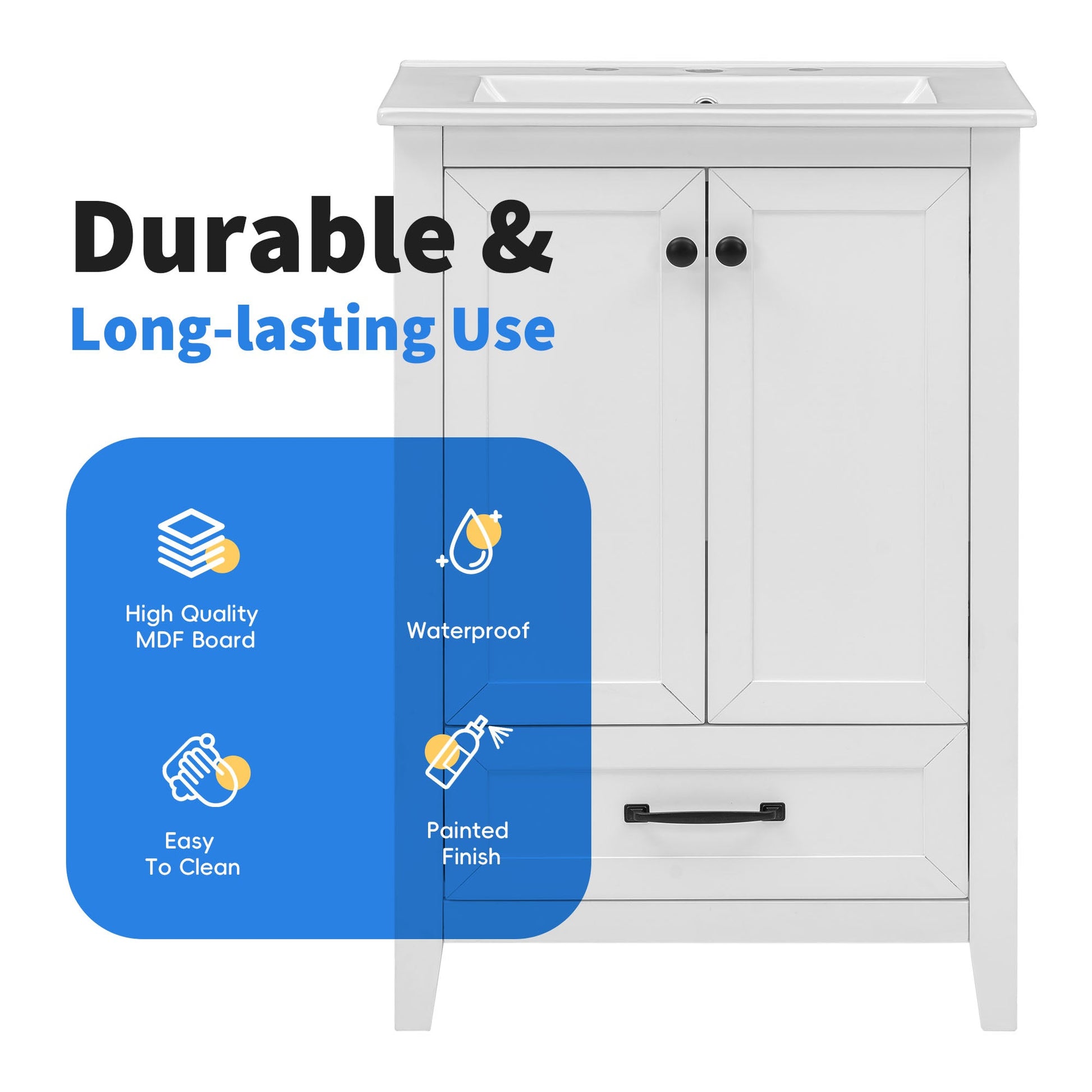 24" Bathroom Vanity with Sink, Bathroom Vanity Cabinet with One Drawer and Doors, Solid Wood and MDF, White - Korvel