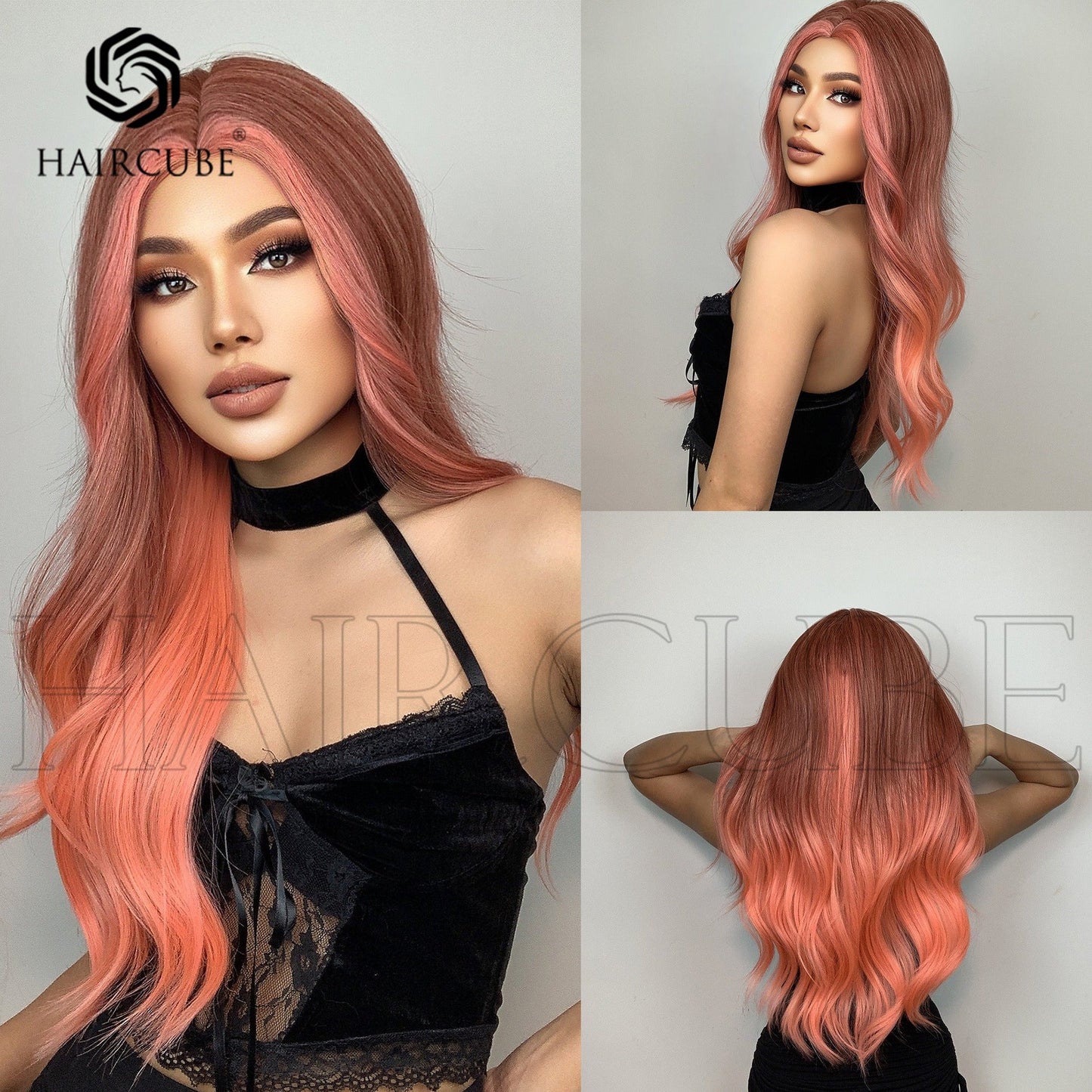 Long Curly Hair 24inch Women's Wig Set In The Middle Part Orange Pink - Korvel