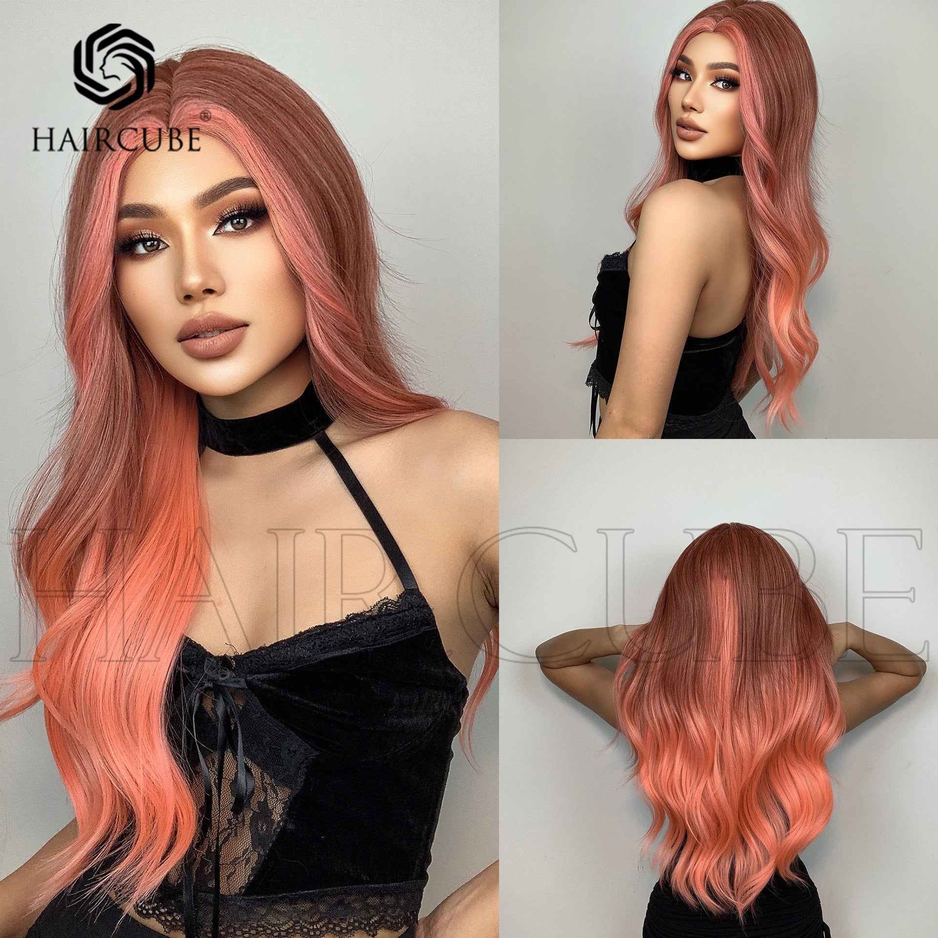 Long Curly Hair 24inch Women's Wig Set In The Middle Part Orange Pink - Korvel