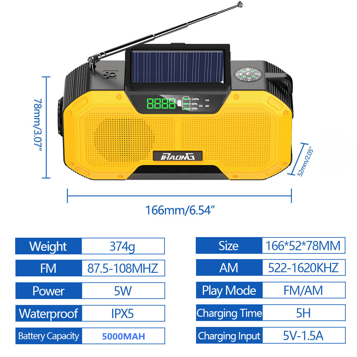 Radio de Emergencia Premium para Exterior con Bluetooth y Carga Solar
