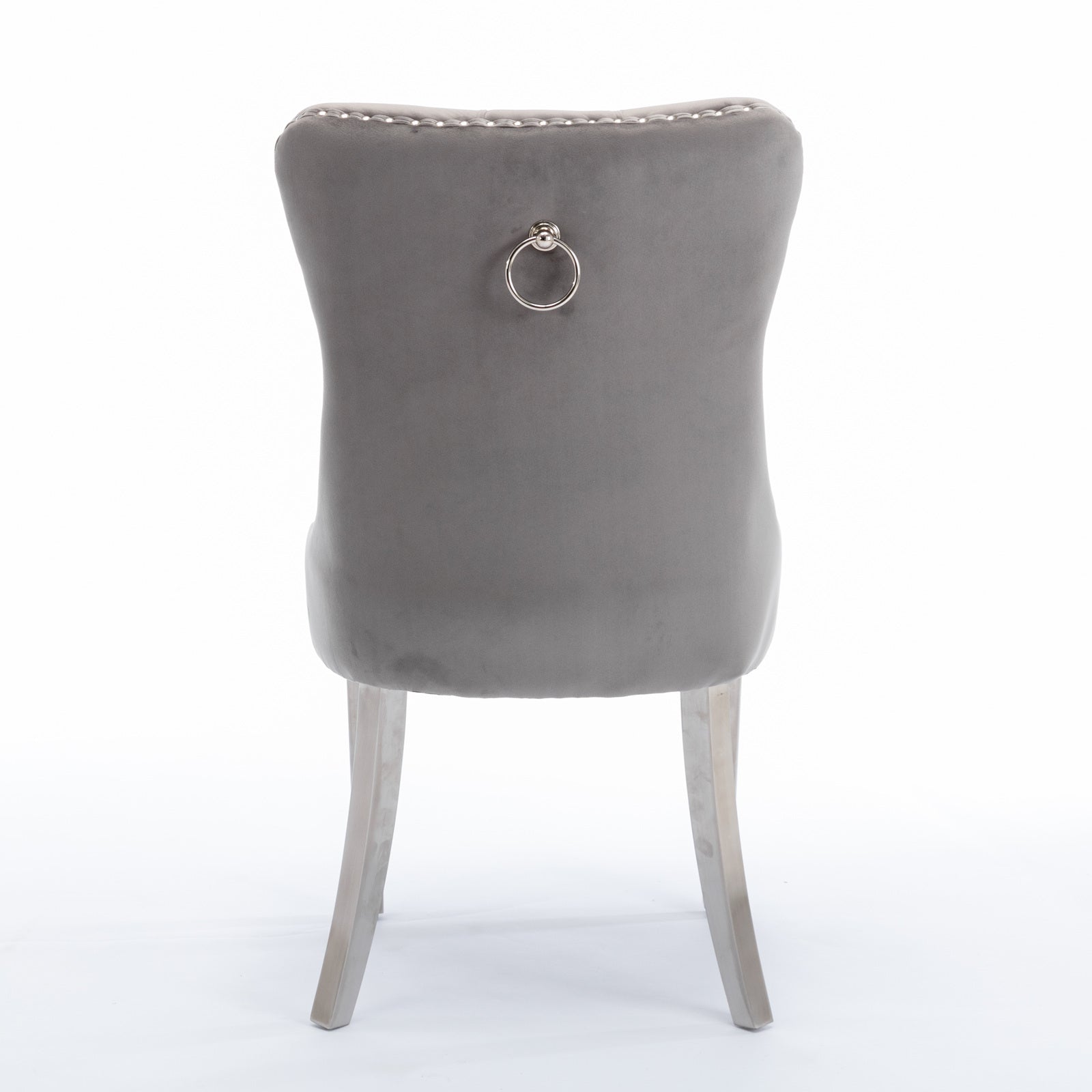 High end tufted solid wood velvet soft cushion dining chair chrome plated leg nail decoration gray and chrome two-piece set - Korvel