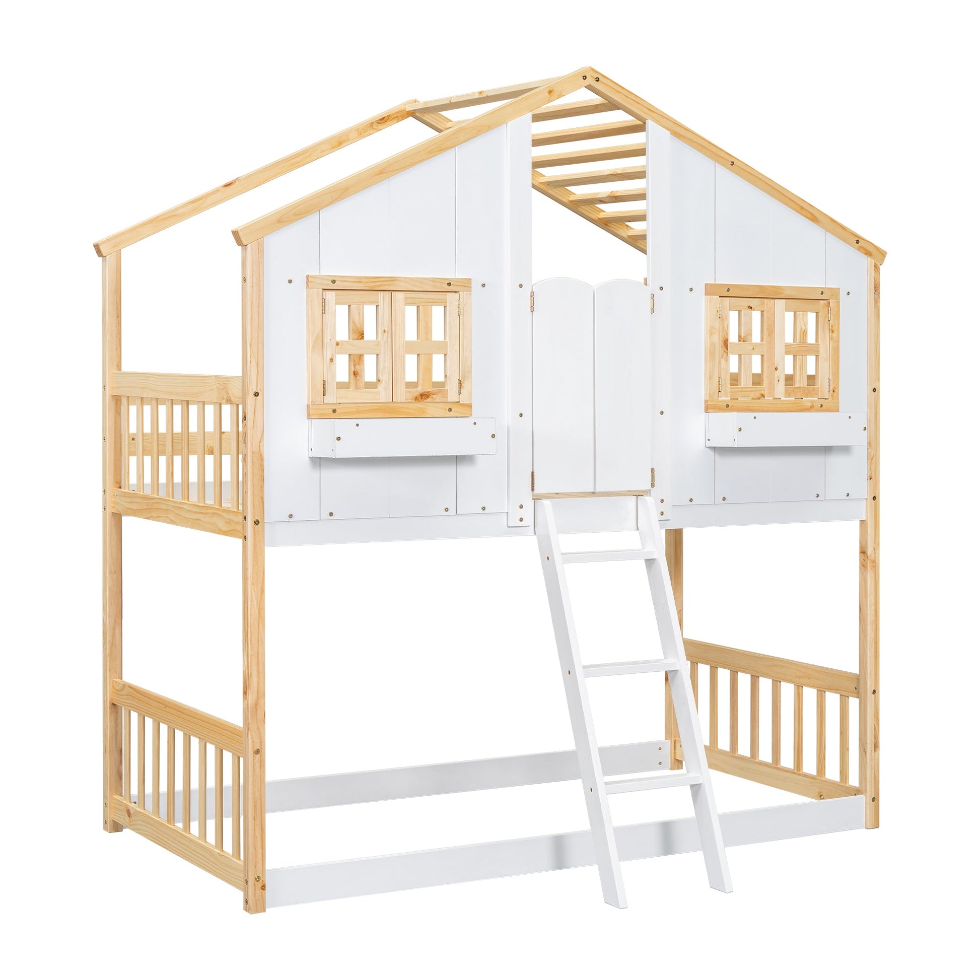 Twin over Twin House Bunk Bed with Roof , Window, Window Box, Door , with Safety Guardrails and Ladder, Natural/White - Korvel