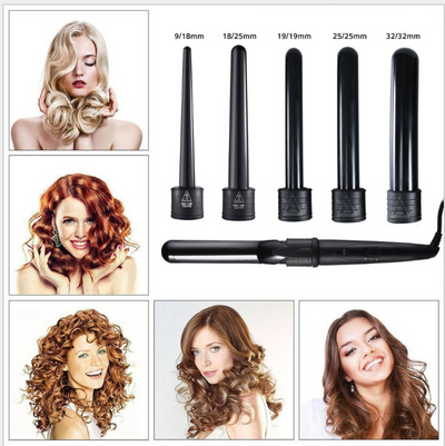 5 Part Interchangeable Hair Curling Iron Machine Ceramic Hair Curler Multi-size Roller Heat Resistant Glove Styling Set - Korvel