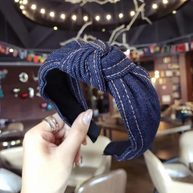 New Fashion Denim Hairband Wide Side Headband Center Knot Headwear Soft Turban Hair Accessories - Korvel