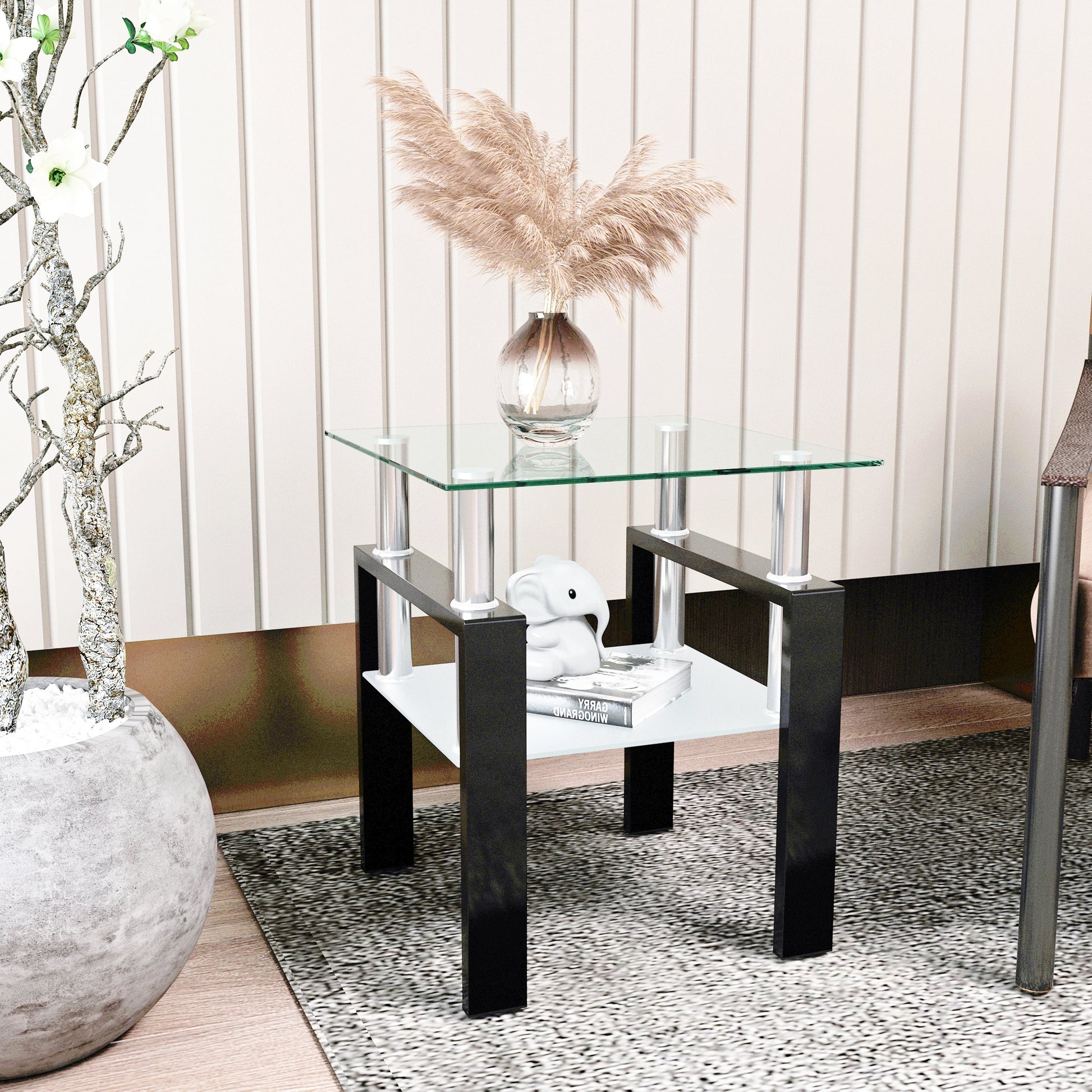 1-Piece Modern Tempered Glass Tea Table Coffee Table End Table, Square Table for Living Room, Transparent/Black - Korvel